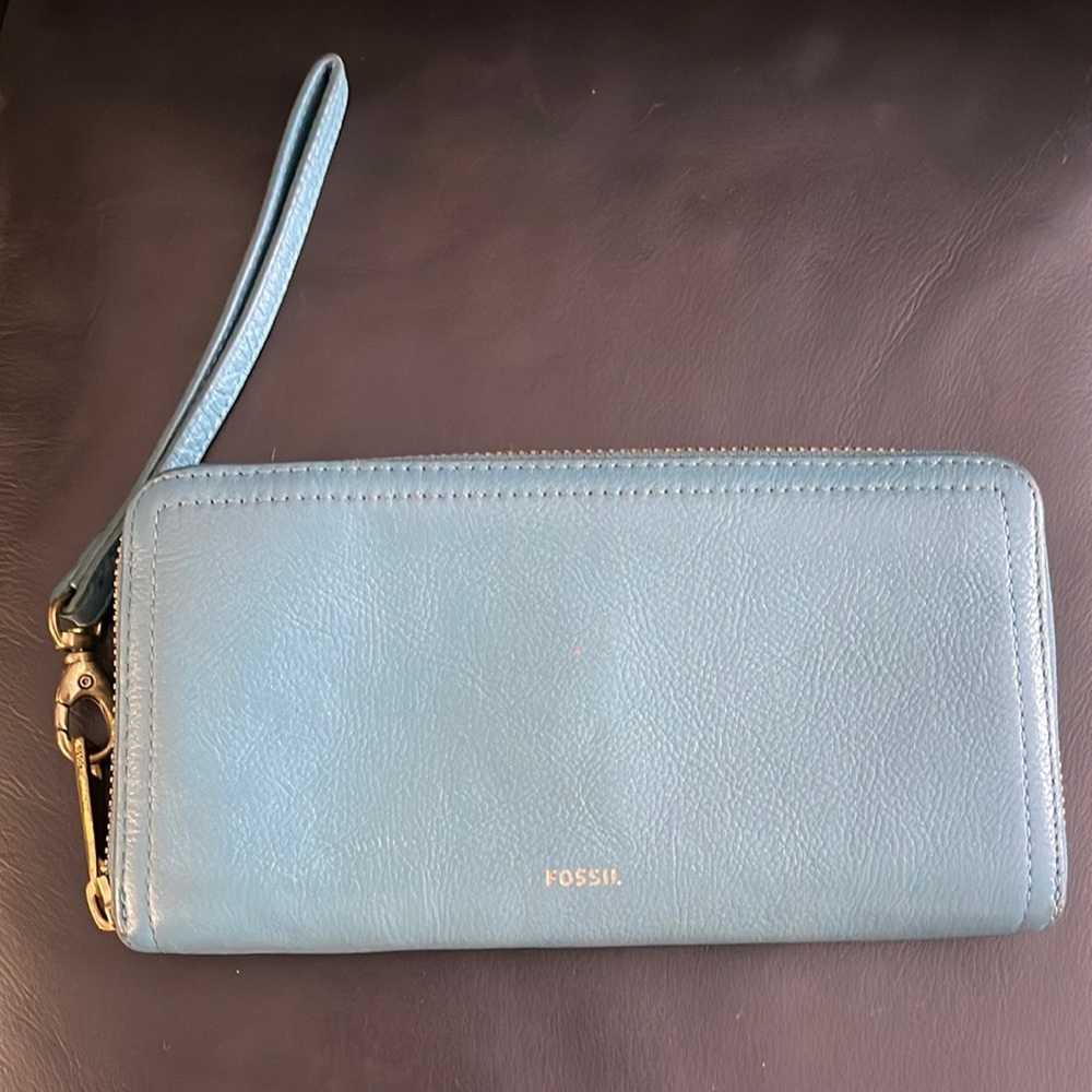 Fossil Leather Turkish Blue Gold Full  Zip Wallet Writlet